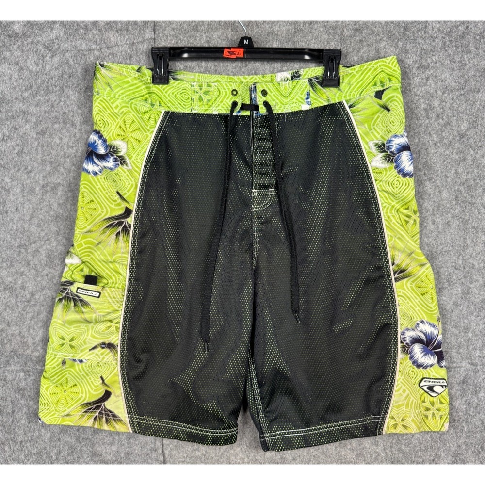 Vintage Oneill Board Shorts Men's 38 Green Black Mesh Floral Hawaiian Y2K RARE